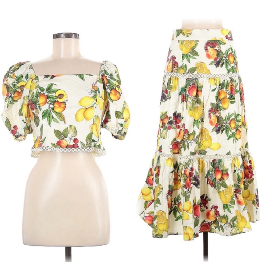 ANTONIO MELANI Set Yellow White Red Fruit Print Floral cotton Skirt & Top - Picture 2 of 11